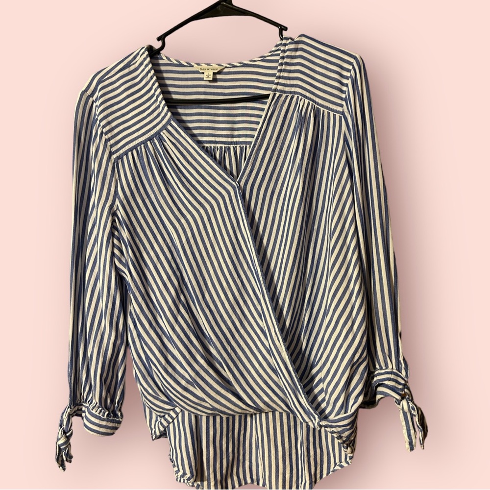 Max Studio, Blue and white striped blouse, size large but medium fit